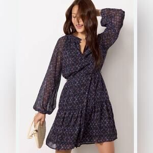 NWT Evereve | Abstract Print Purple Split Neck Ruffle Hem Dress Size XS